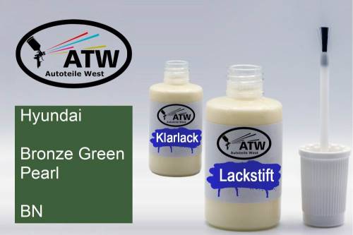 Hyundai, Bronze Green Pearl, BN: 20ml Lackstift + 20ml Klarlack - Set, von ATW Autoteile West.